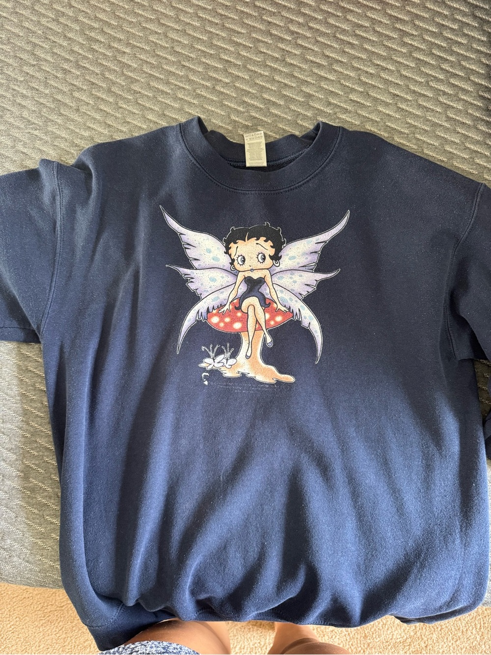 Betty Boop Navy Sweatshirt with Fairy-on-Mushroom Graphic